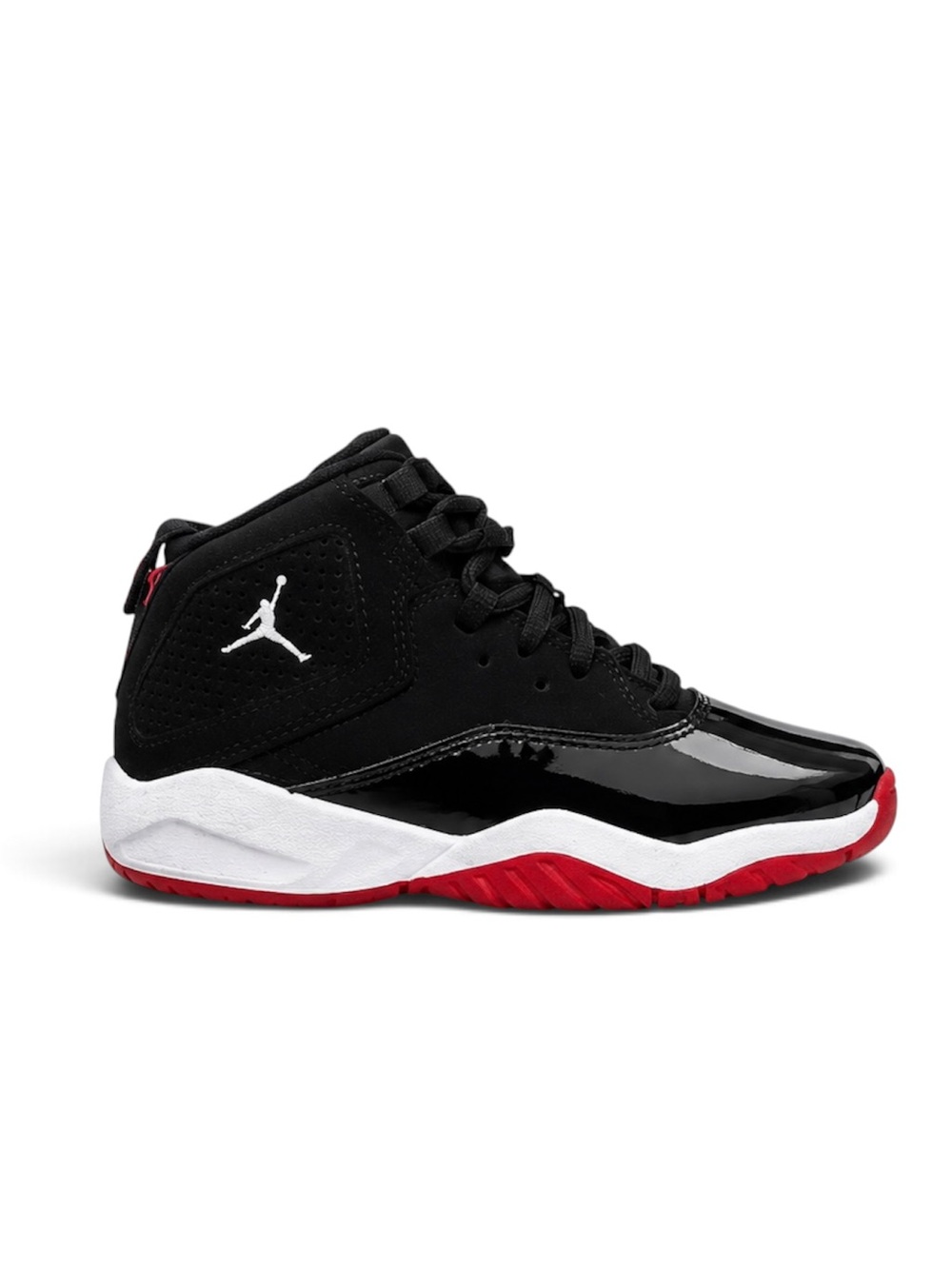 JORDAN Kids' Black and Red Patent Leather High-Top Sneakers